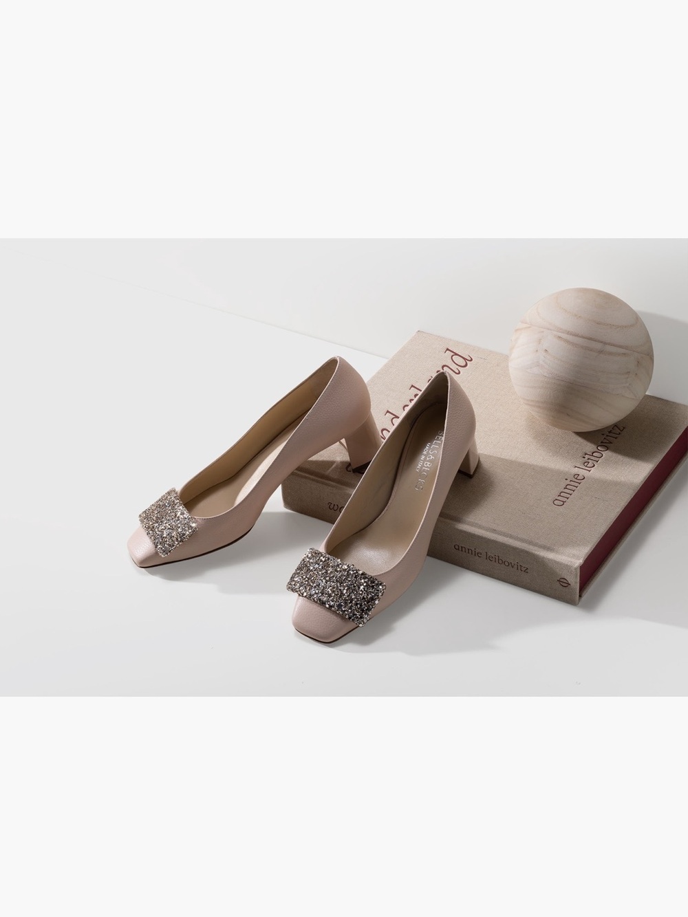 Blush Crystal-Buckle Mid Block Heel Pumps